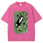 Unisex Cute Cat Graffiti Printed Washed Tee