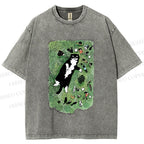 Unisex Cute Cat Graffiti Printed Washed Tee