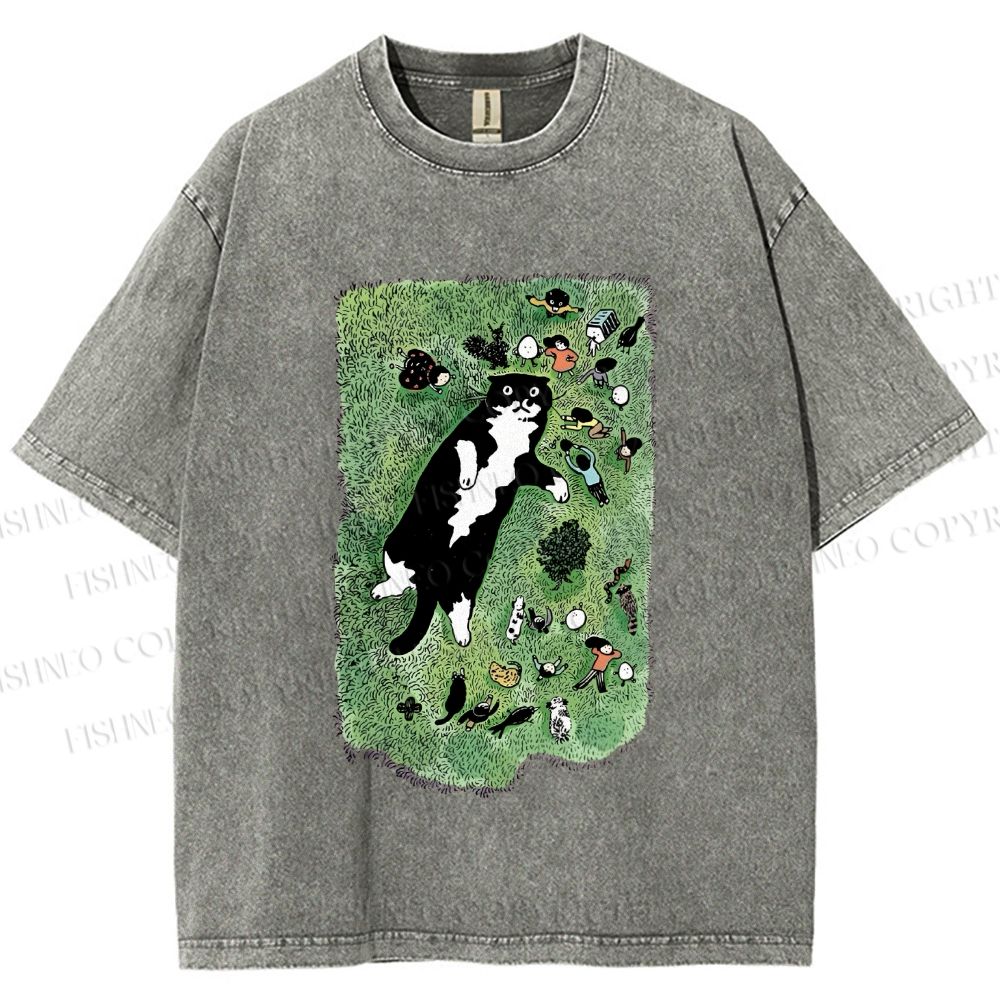 Unisex Cute Cat Graffiti Printed Washed Tee