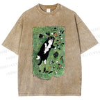 Unisex Cute Cat Graffiti Printed Washed Tee