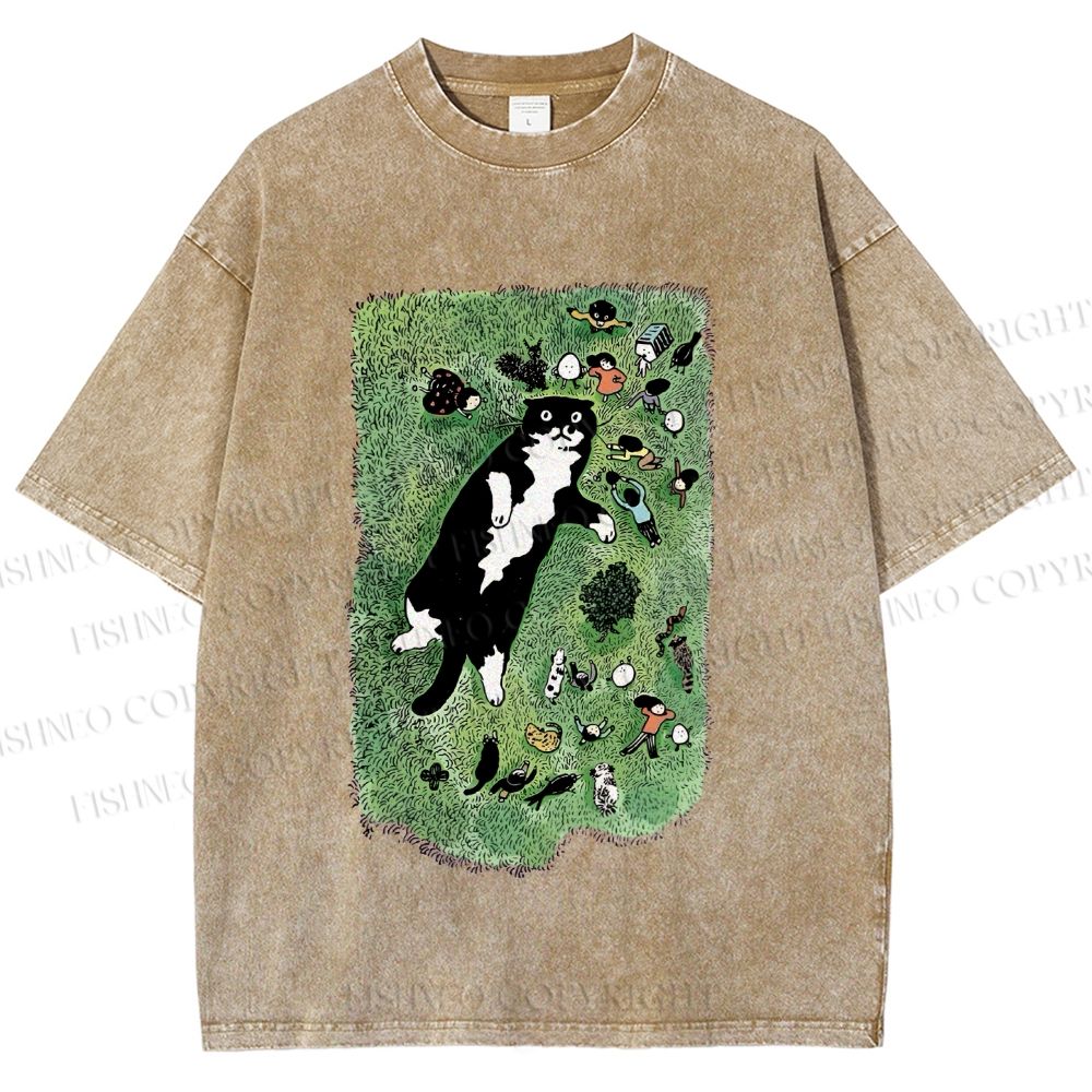 Unisex Cute Cat Graffiti Printed Washed Tee