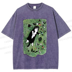 Unisex Cute Cat Graffiti Printed Washed Tee