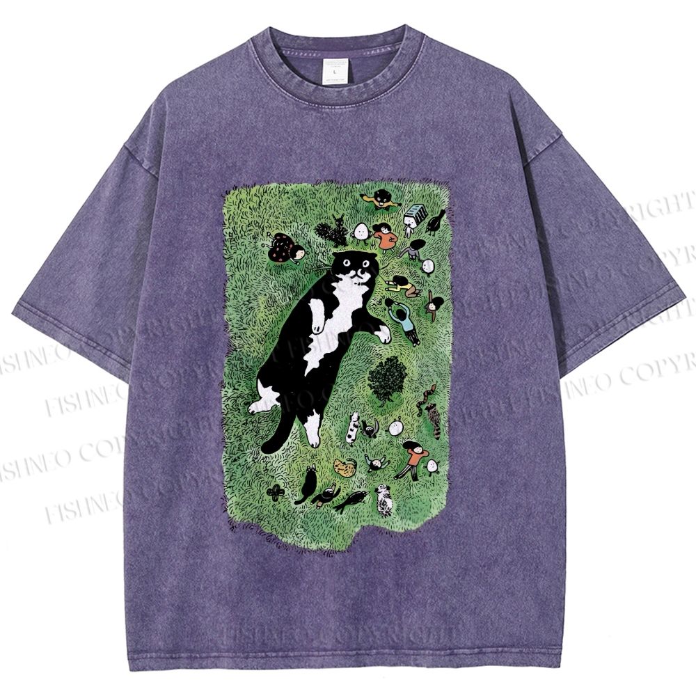Unisex Cute Cat Graffiti Printed Washed Tee