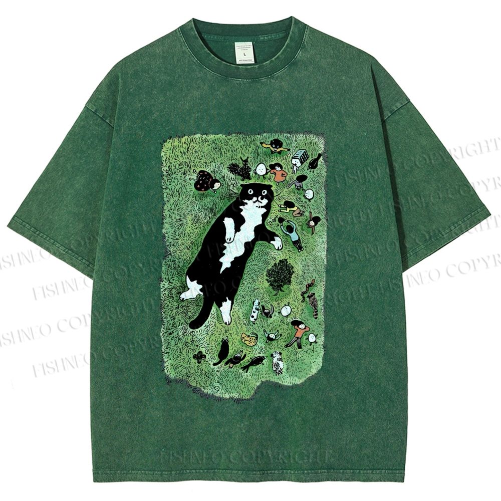 Unisex Cute Cat Graffiti Printed Washed Tee