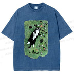 Unisex Cute Cat Graffiti Printed Washed Tee