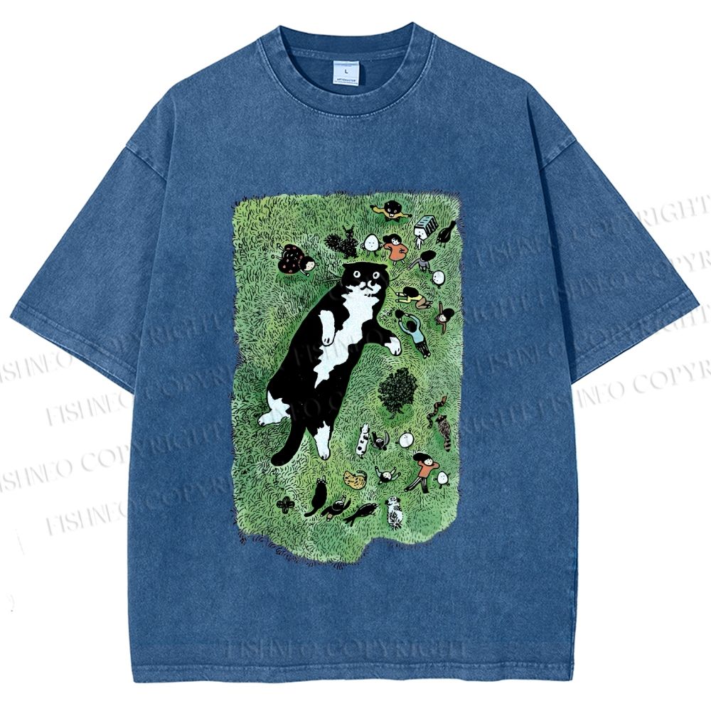 Unisex Cute Cat Graffiti Printed Washed Tee