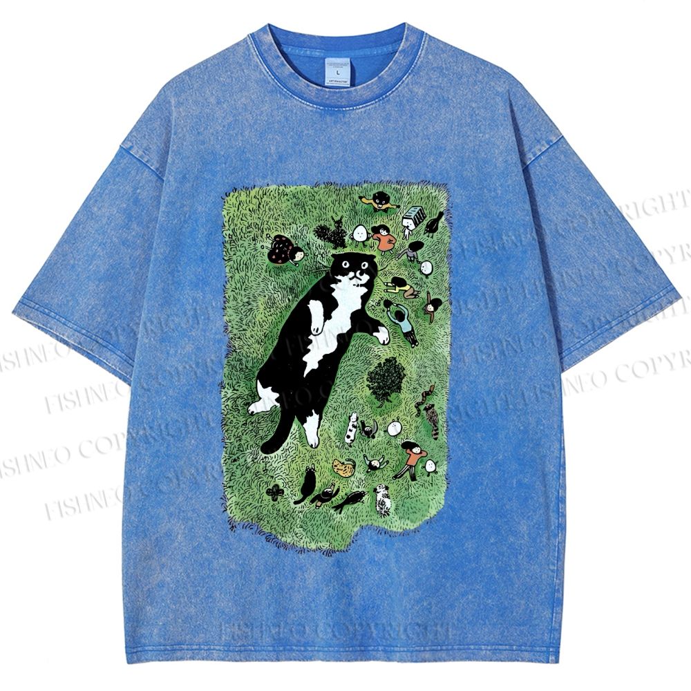 Unisex Cute Cat Graffiti Printed Washed Tee