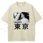 Unisex Vintage Japanese Tokyo Printed Washed Tee