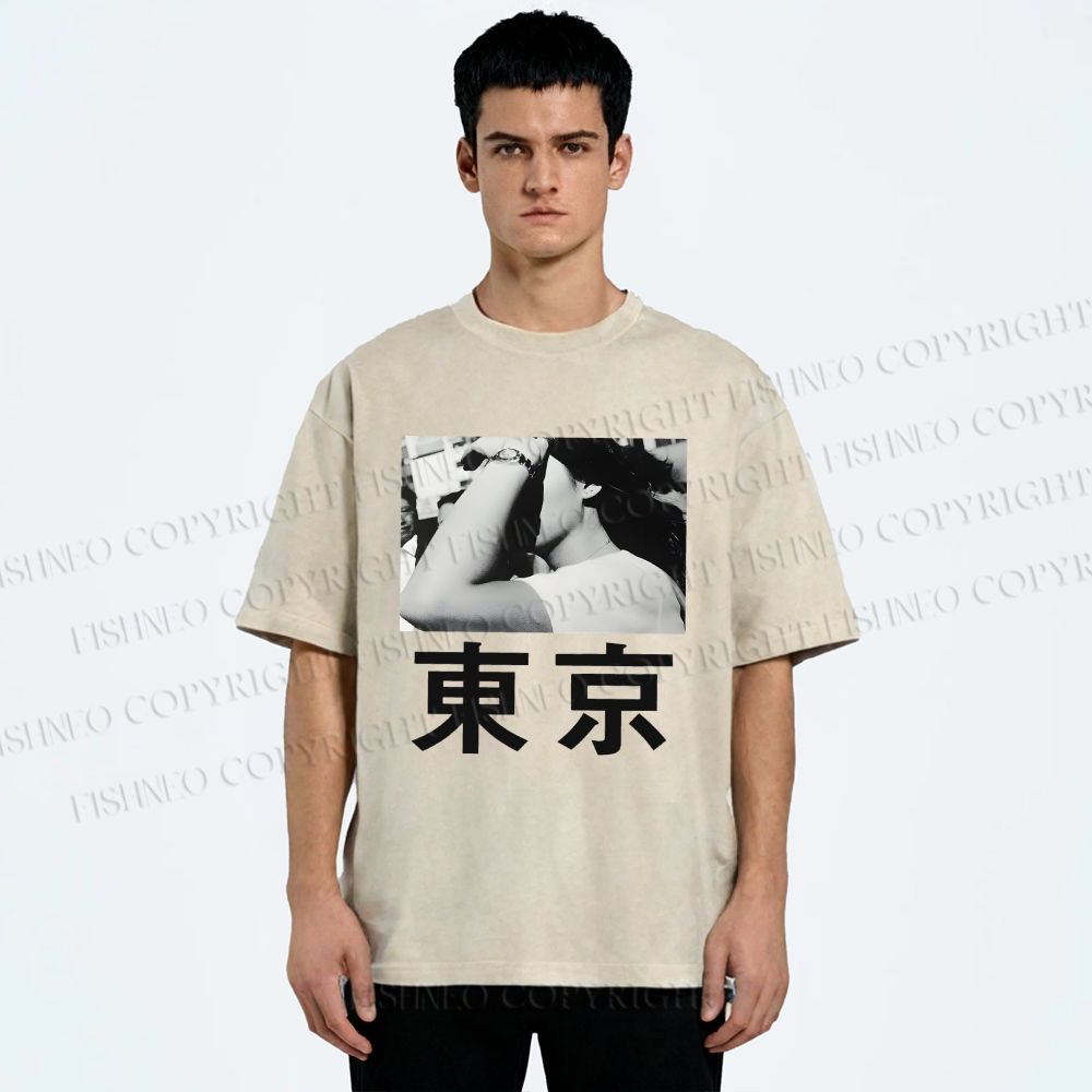 Unisex Vintage Japanese Tokyo Printed Washed Tee