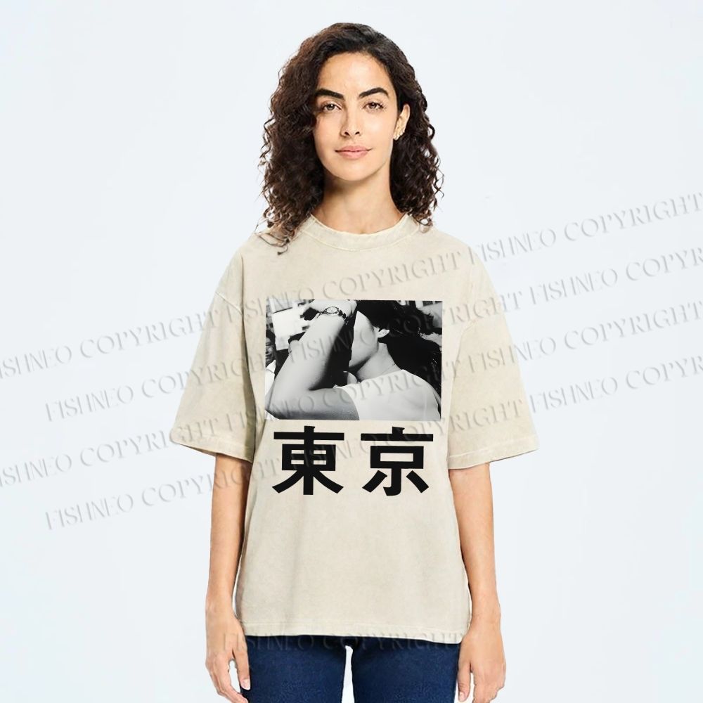 Unisex Vintage Japanese Tokyo Printed Washed Tee