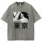 Unisex Vintage Japanese Tokyo Printed Washed Tee