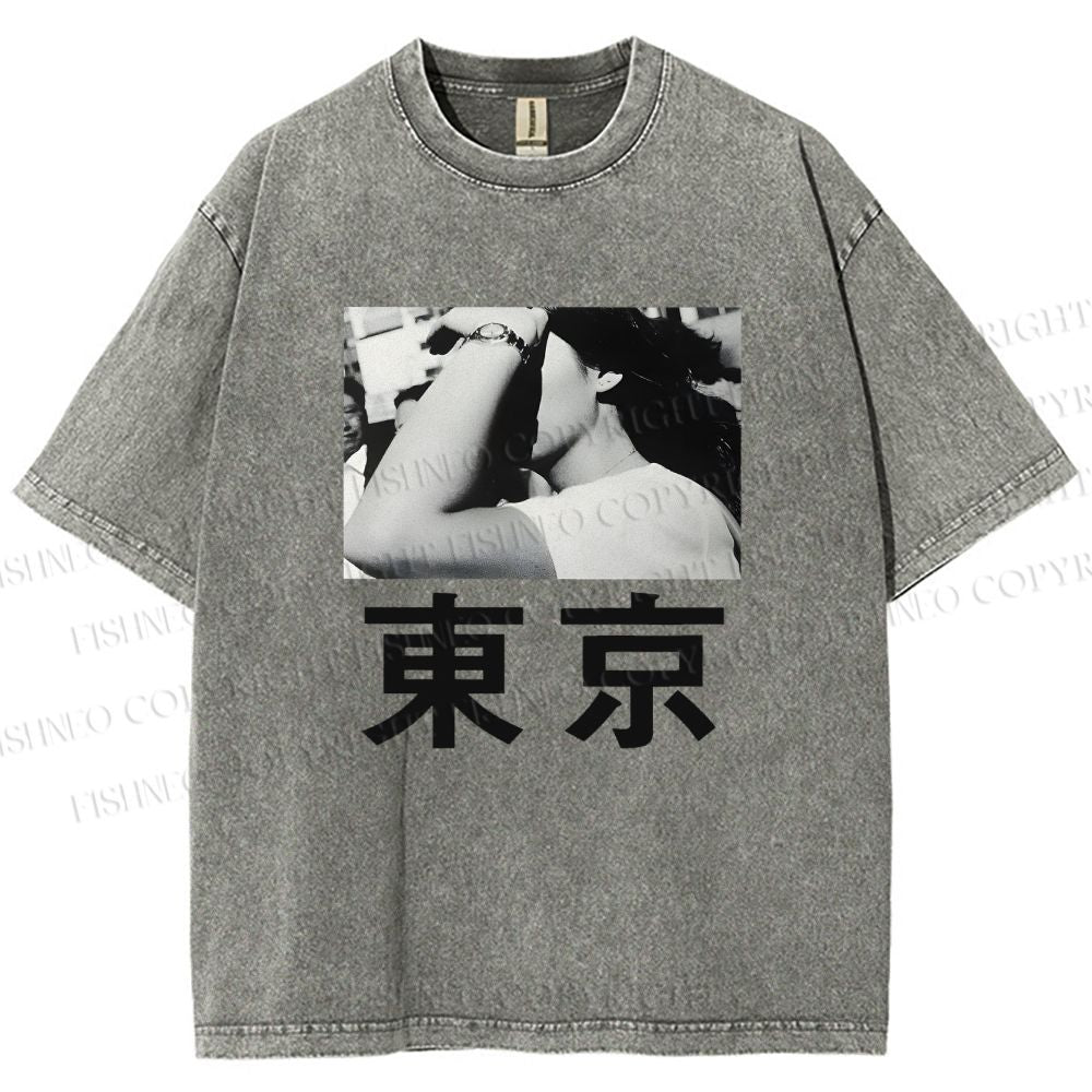 Unisex Vintage Japanese Tokyo Printed Washed Tee