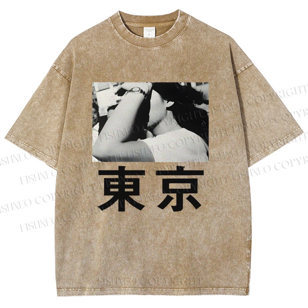 Unisex Vintage Japanese Tokyo Printed Washed Tee