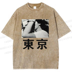 Unisex Vintage Japanese Tokyo Printed Washed Tee