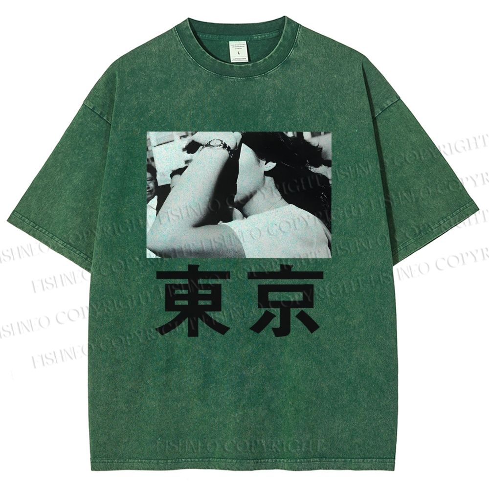 Unisex Vintage Japanese Tokyo Printed Washed Tee