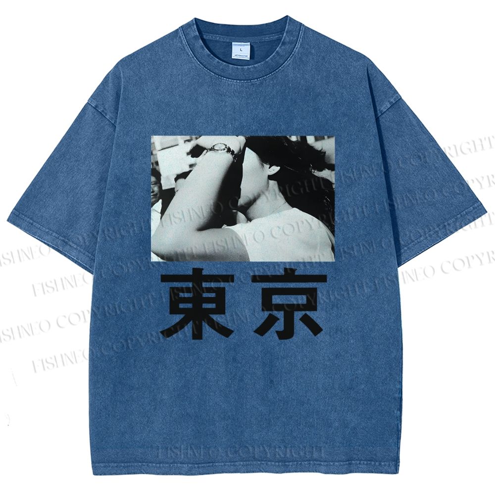 Unisex Vintage Japanese Tokyo Printed Washed Tee