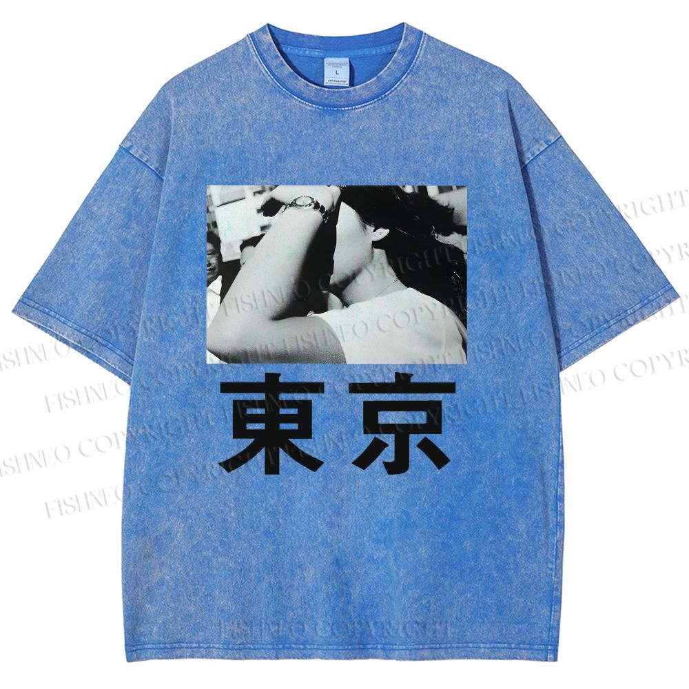 Unisex Vintage Japanese Tokyo Printed Washed Tee