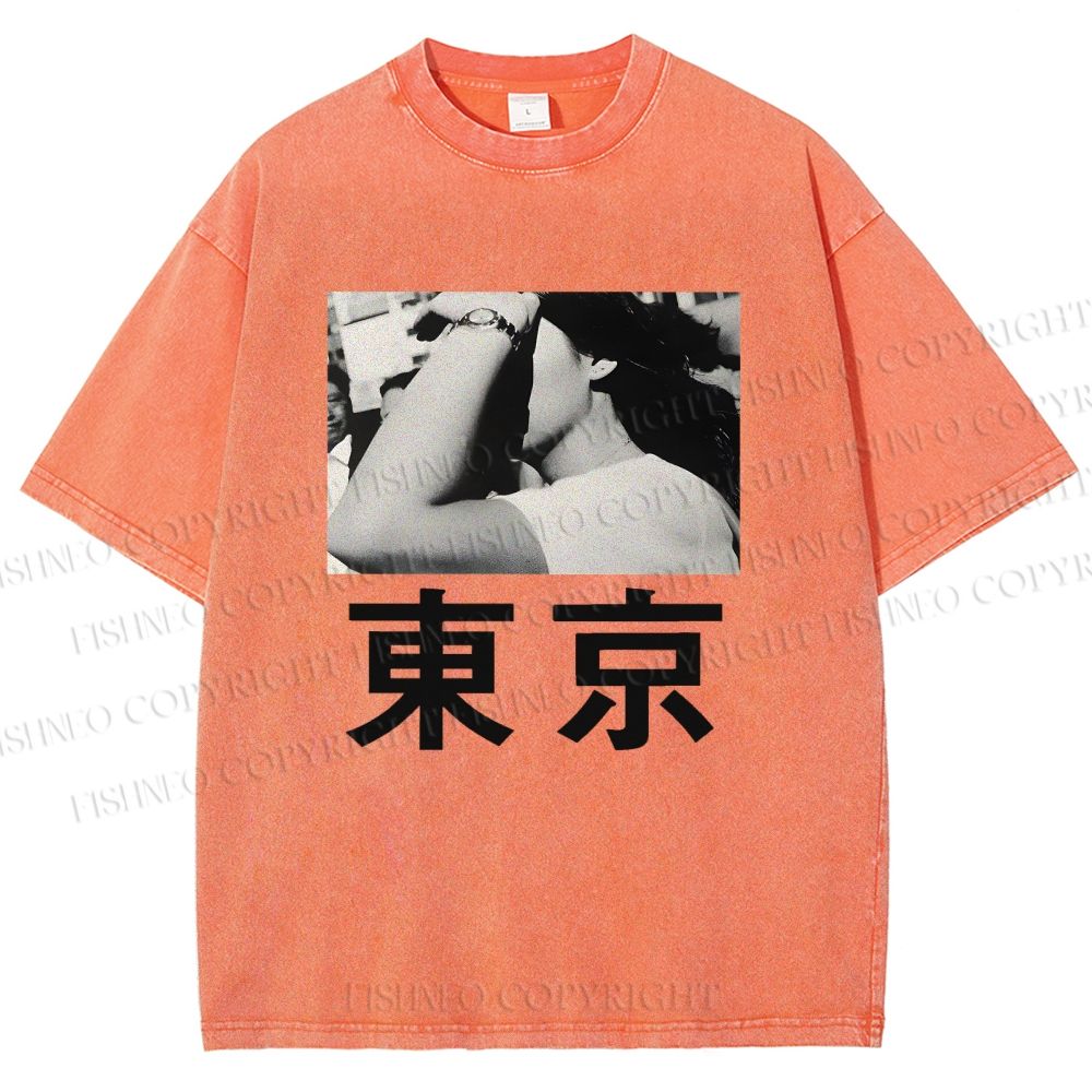 Unisex Vintage Japanese Tokyo Printed Washed Tee
