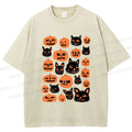 Unisex Halloween Cat Pumpkin Printed Washed Tee