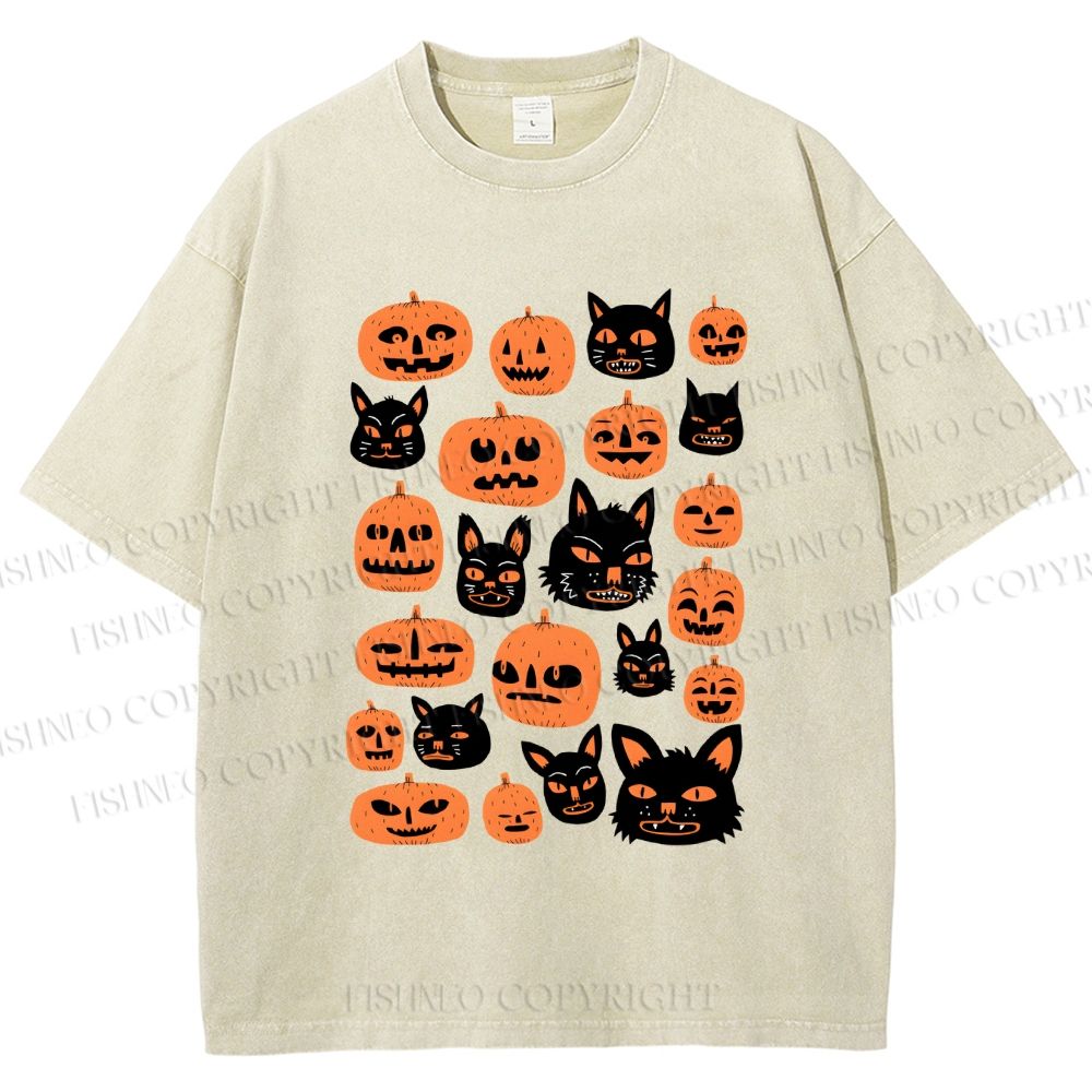 Unisex Halloween Cat Pumpkin Printed Washed Tee