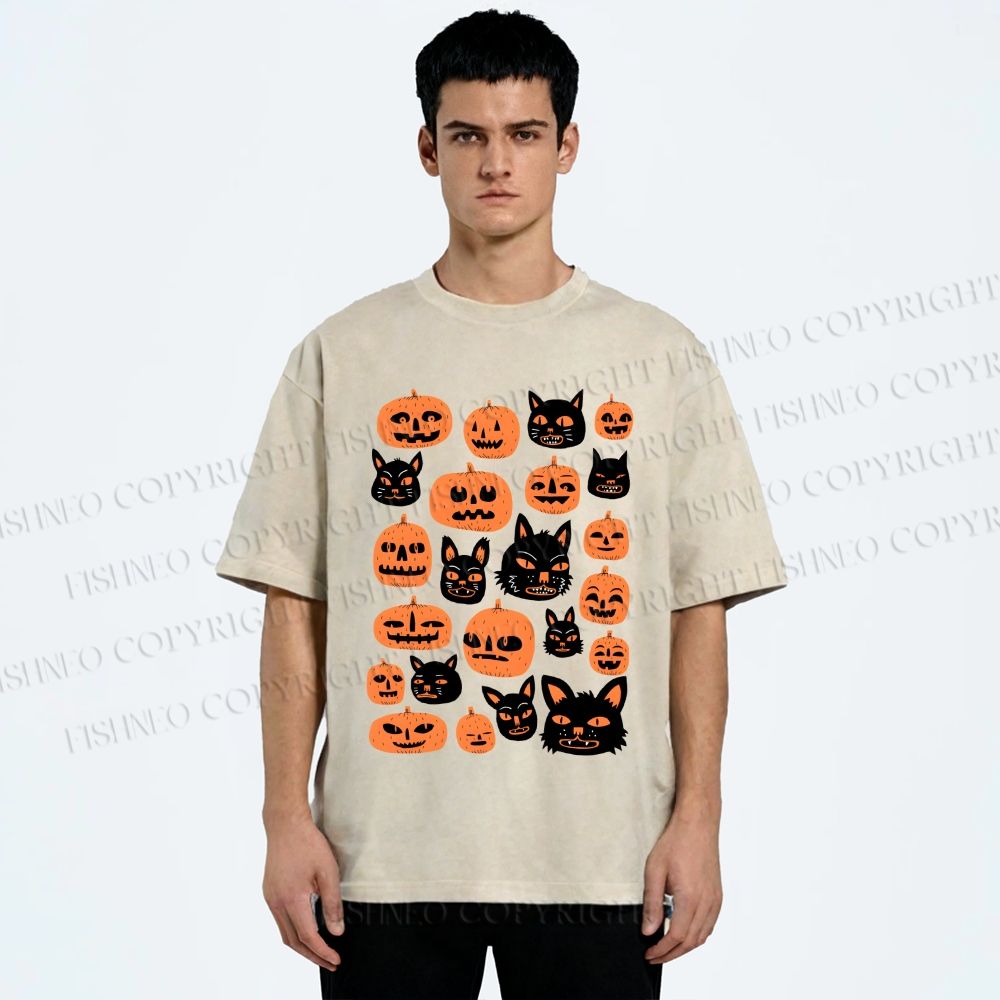 Unisex Halloween Cat Pumpkin Printed Washed Tee