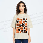 Unisex Halloween Cat Pumpkin Printed Washed Tee