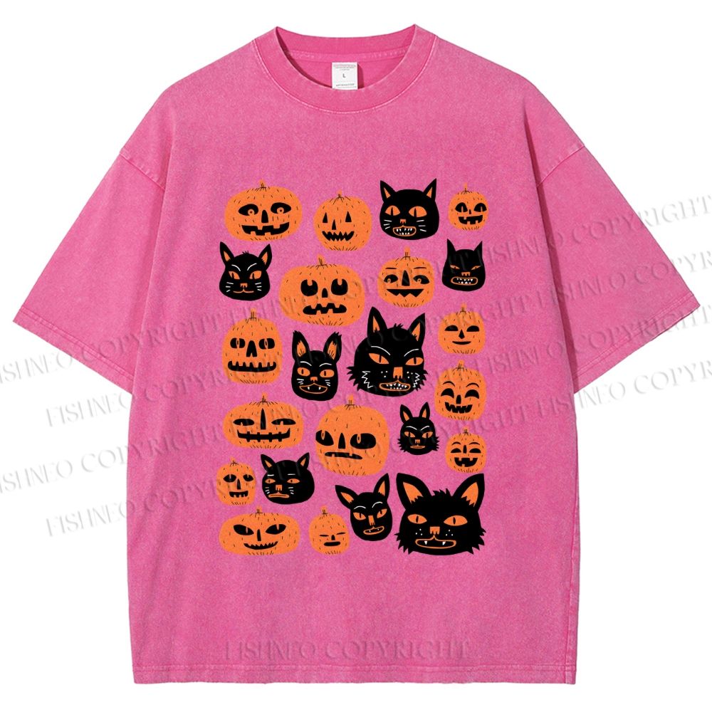 Unisex Halloween Cat Pumpkin Printed Washed Tee