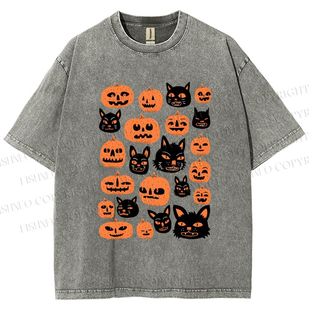 Unisex Halloween Cat Pumpkin Printed Washed Tee