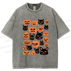 Unisex Halloween Cat Pumpkin Printed Washed Tee
