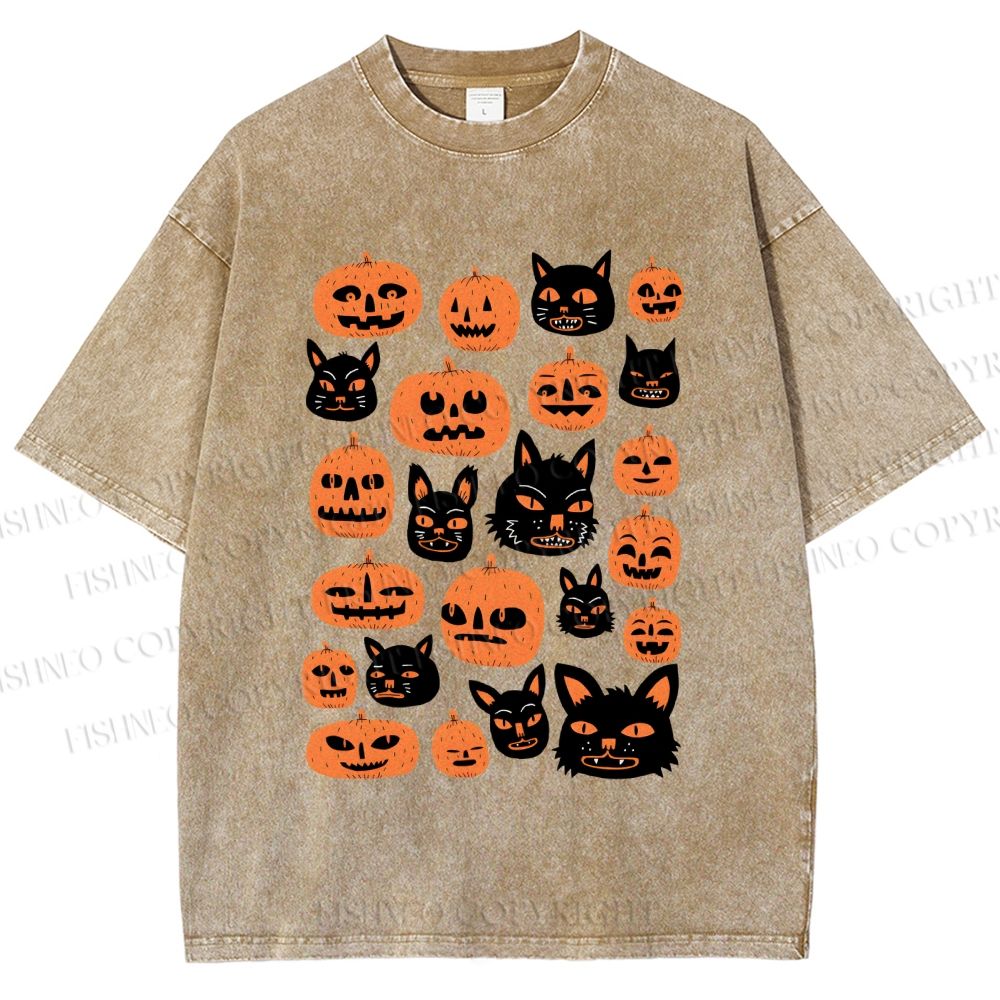 Unisex Halloween Cat Pumpkin Printed Washed Tee