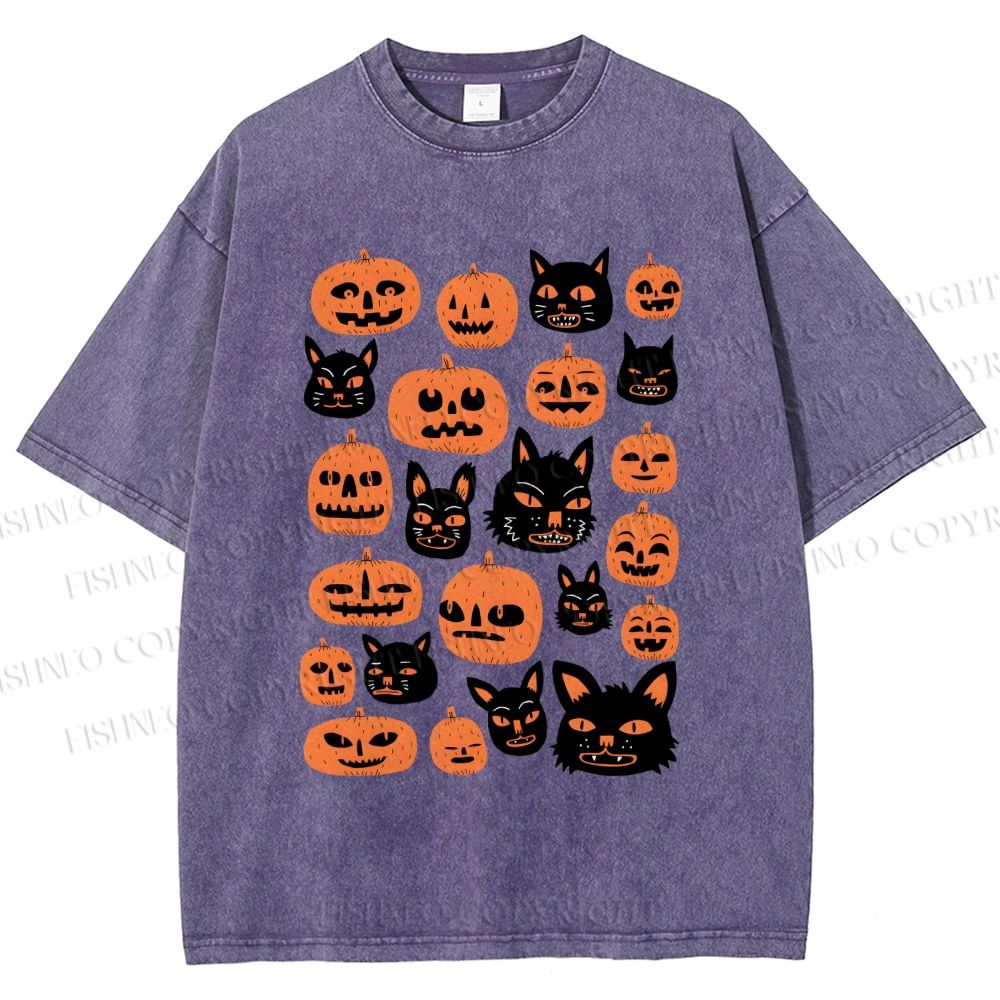 Unisex Halloween Cat Pumpkin Printed Washed Tee