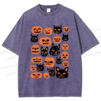 Unisex Halloween Cat Pumpkin Printed Washed Tee