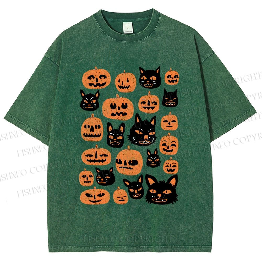 Unisex Halloween Cat Pumpkin Printed Washed Tee