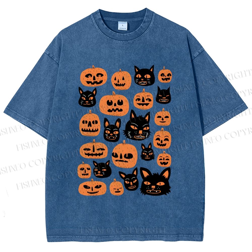 Unisex Halloween Cat Pumpkin Printed Washed Tee