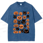 Unisex Halloween Cat Pumpkin Printed Washed Tee