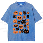 Unisex Halloween Cat Pumpkin Printed Washed Tee
