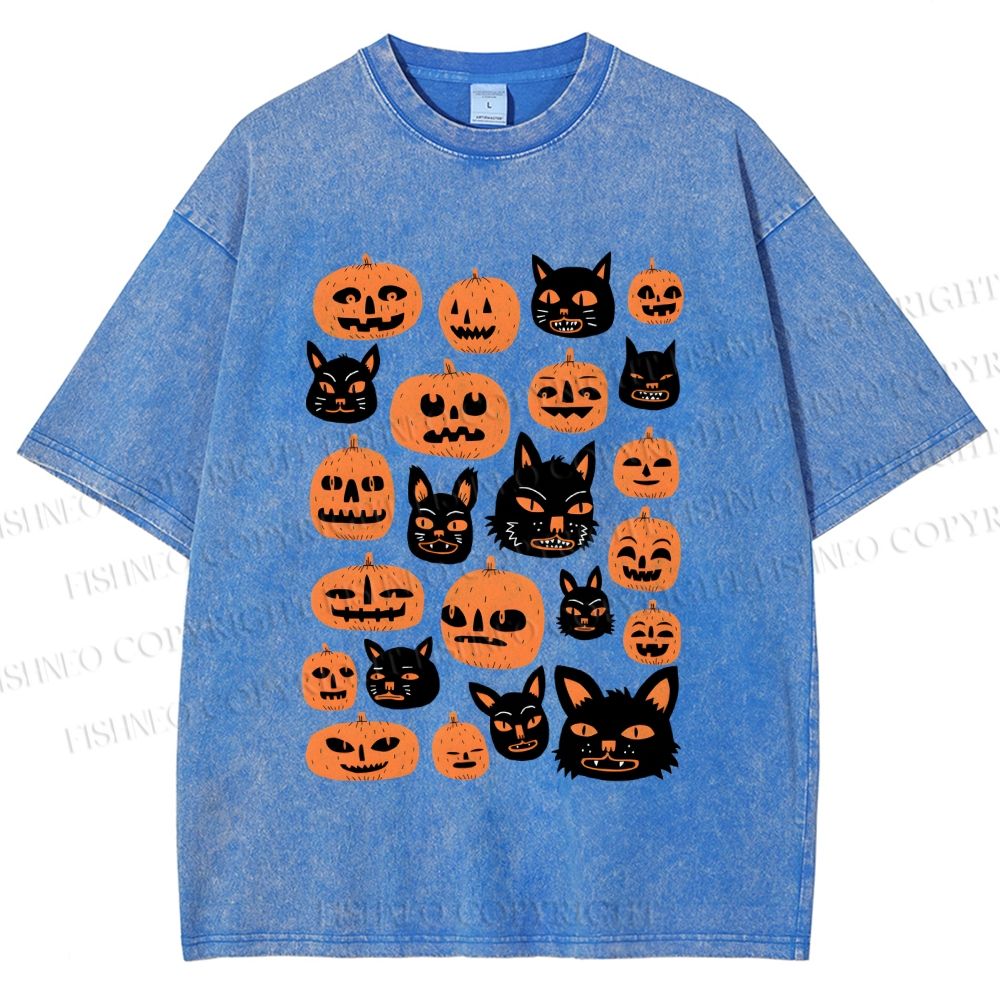 Unisex Halloween Cat Pumpkin Printed Washed Tee