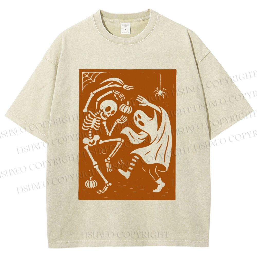 Unisex Vintage Halloween Ghost Skull Printed Washed Tee