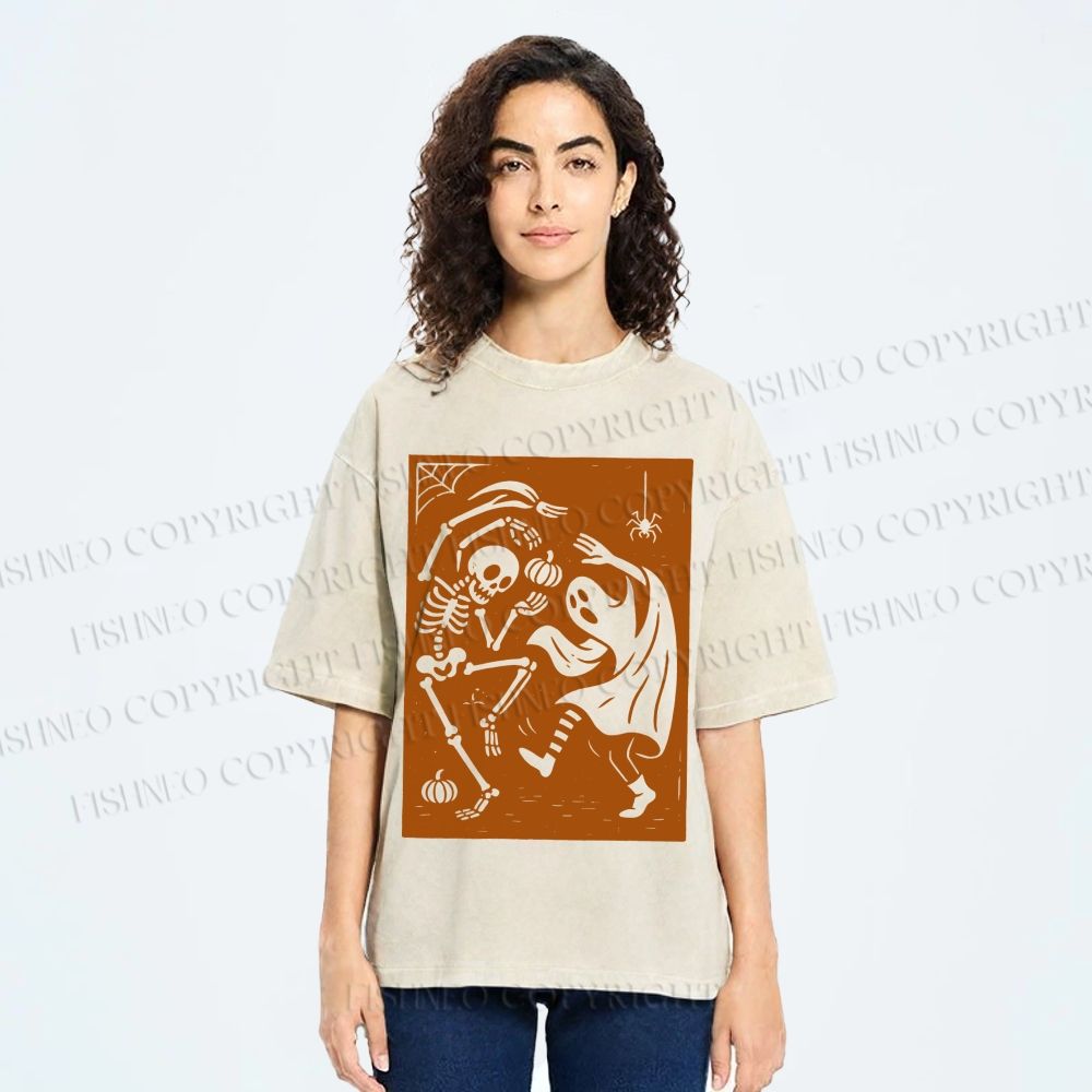 Unisex Vintage Halloween Ghost Skull Printed Washed Tee