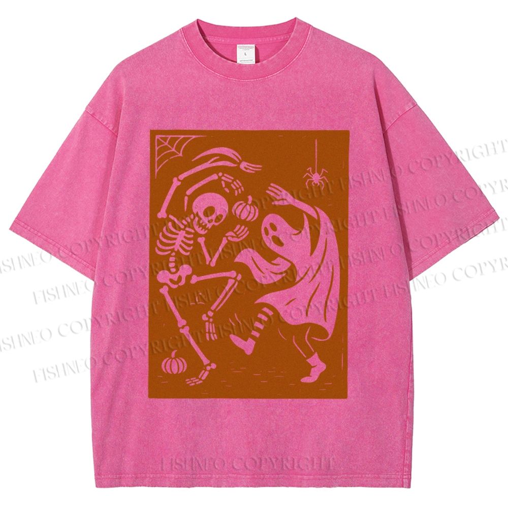 Unisex Vintage Halloween Ghost Skull Printed Washed Tee