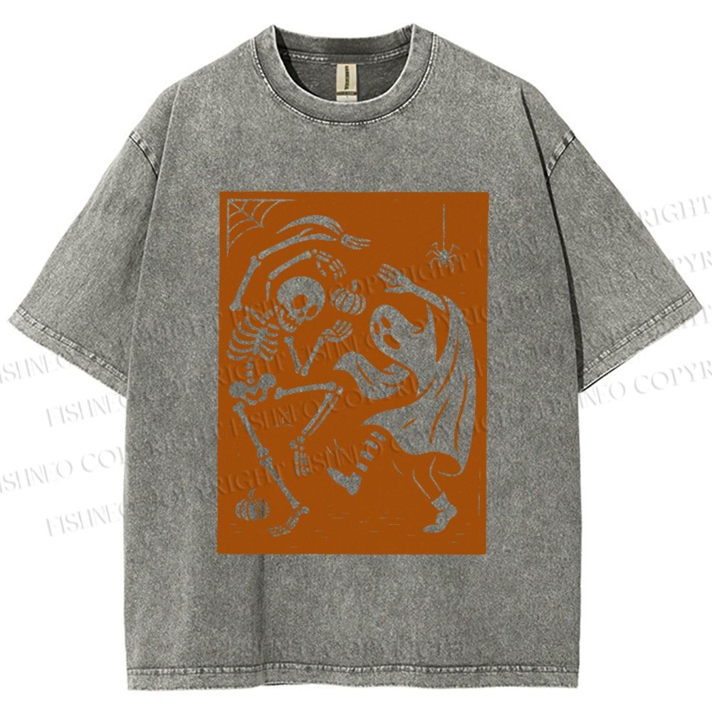 Unisex Vintage Halloween Ghost Skull Printed Washed Tee