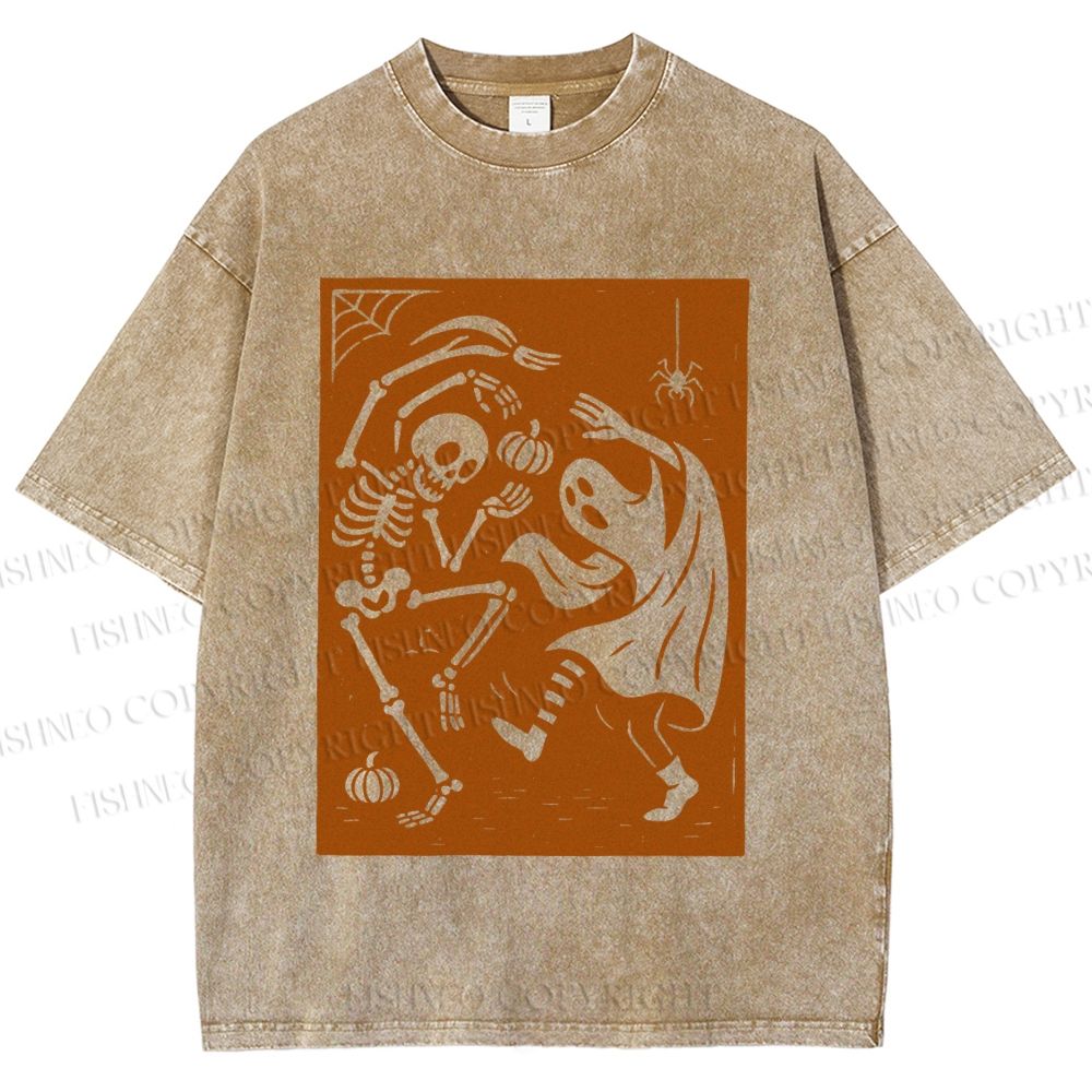 Unisex Vintage Halloween Ghost Skull Printed Washed Tee