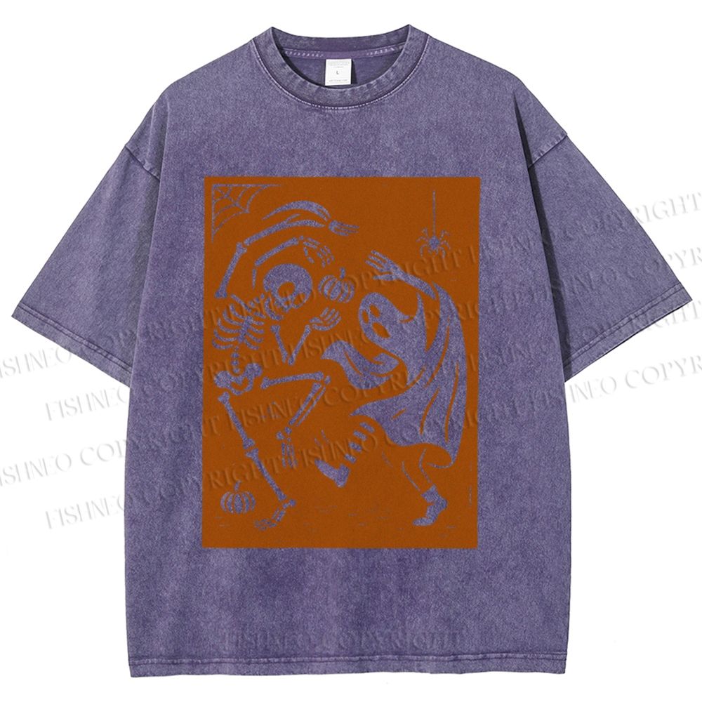 Unisex Vintage Halloween Ghost Skull Printed Washed Tee
