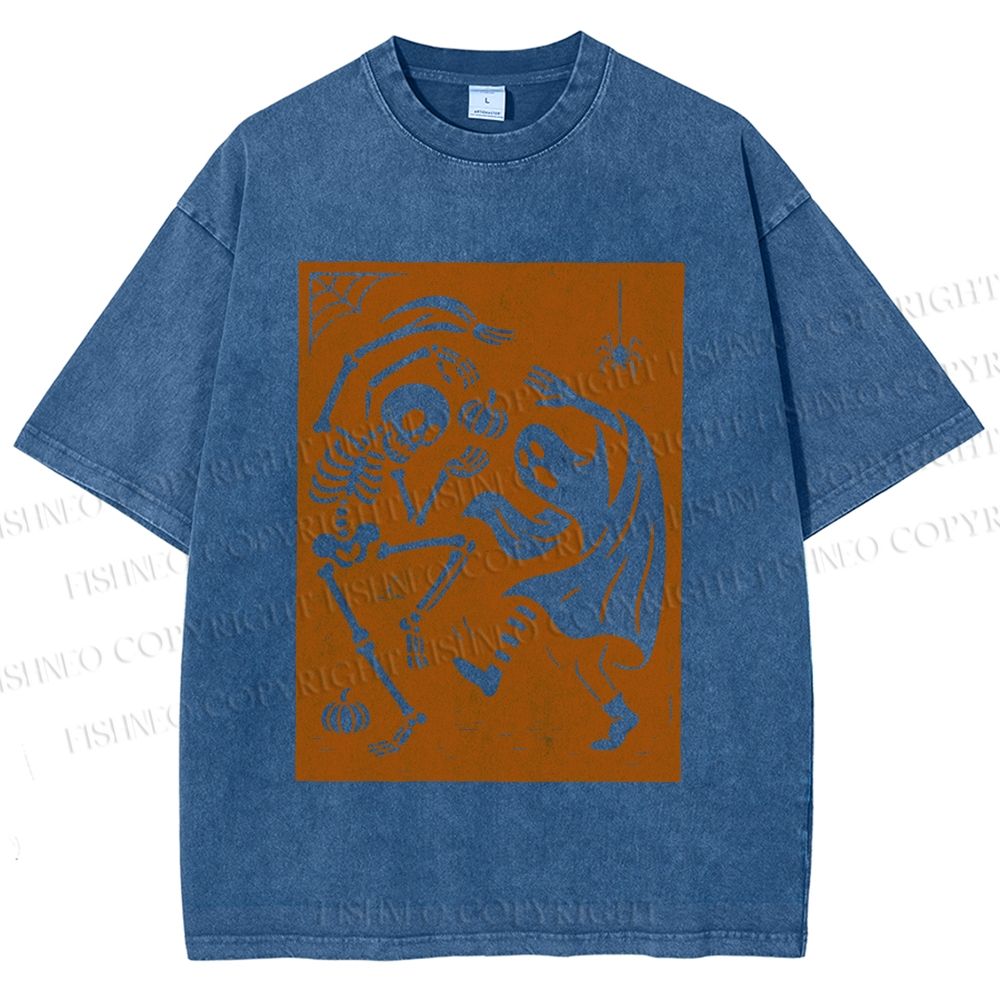 Unisex Vintage Halloween Ghost Skull Printed Washed Tee