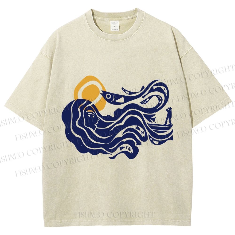 Unisex Vintage Sea Wave Mermaid Printed Washed Tee