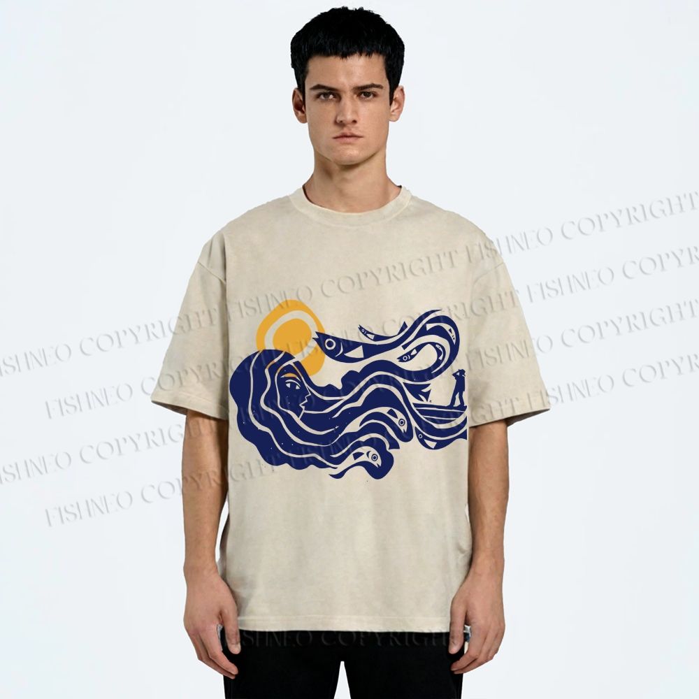 Unisex Vintage Sea Wave Mermaid Printed Washed Tee