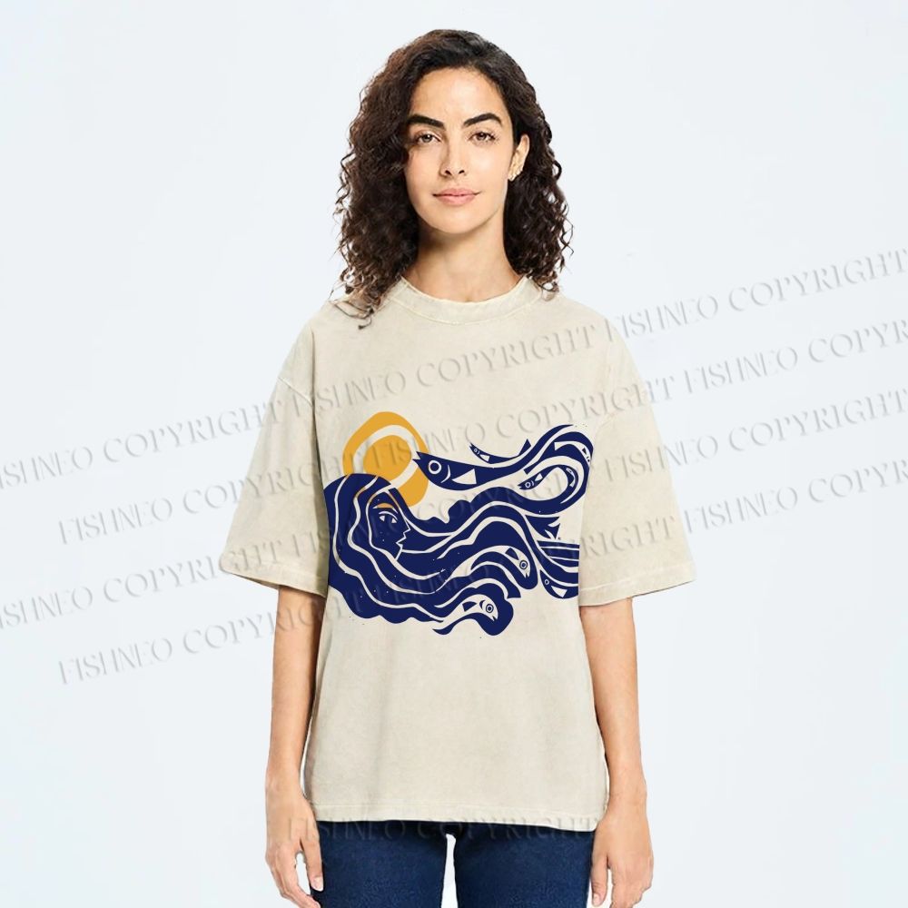 Unisex Vintage Sea Wave Mermaid Printed Washed Tee