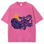 Unisex Vintage Sea Wave Mermaid Printed Washed Tee