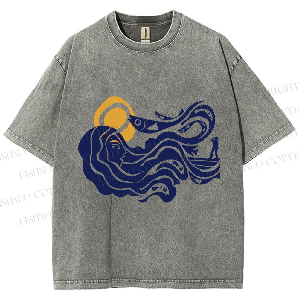 Unisex Vintage Sea Wave Mermaid Printed Washed Tee