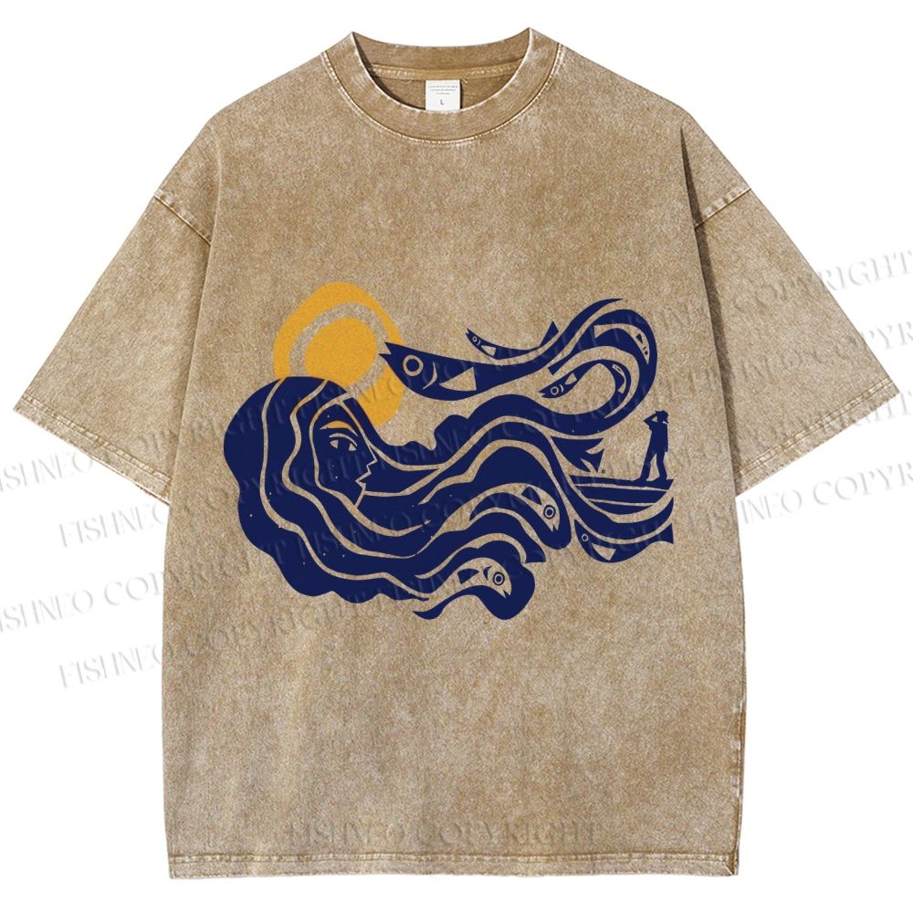 Unisex Vintage Sea Wave Mermaid Printed Washed Tee